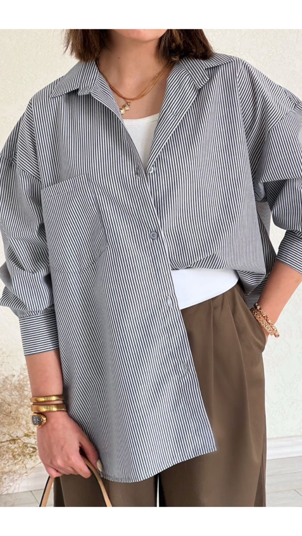 شومیز راه راه طوسی ساده