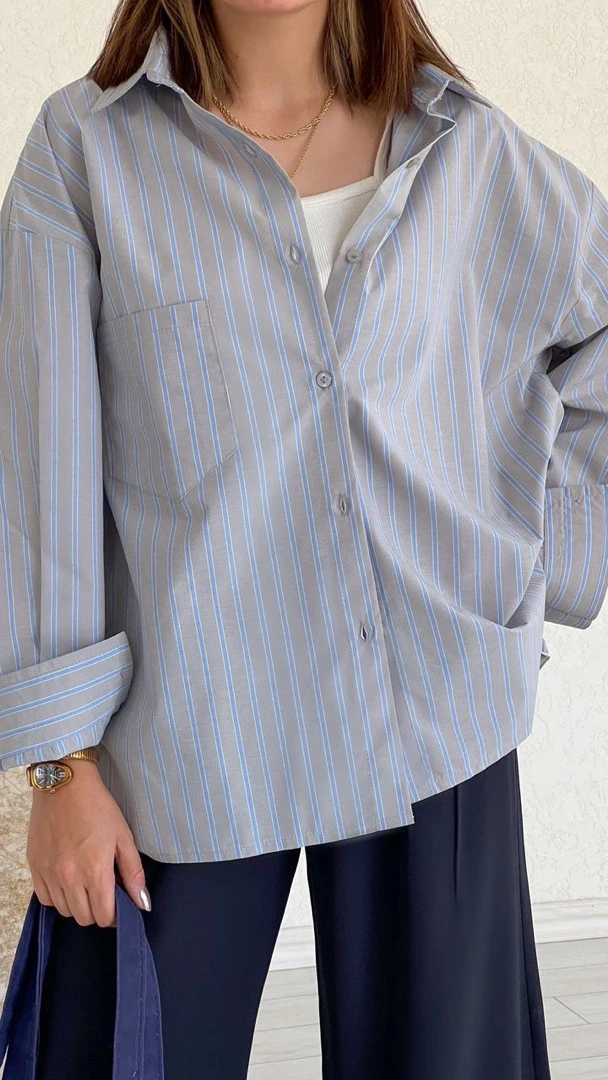 شومیز راه راه طوسی آبی