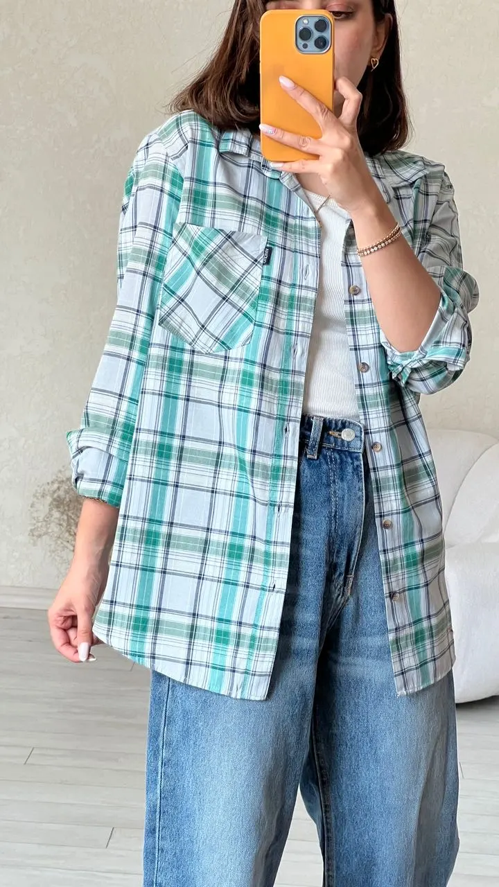 پیراهن چارخونه طوسی سبز