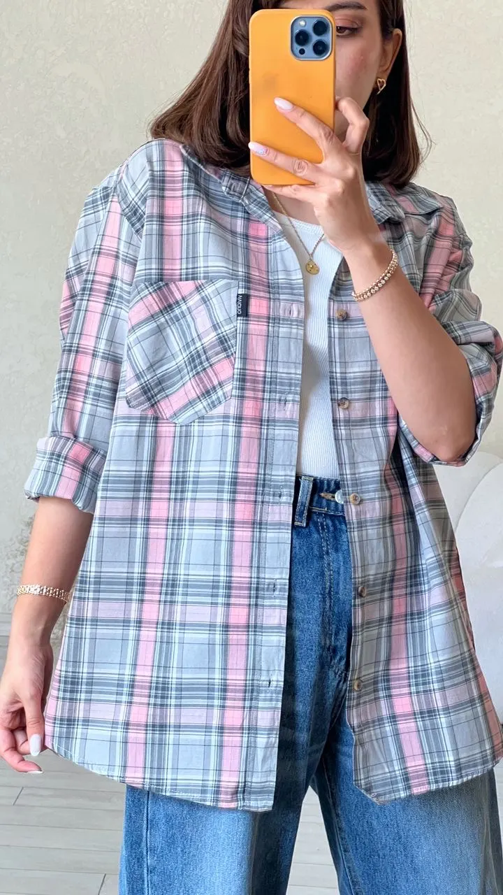 پیراهن چارخونه طوسی صورتی