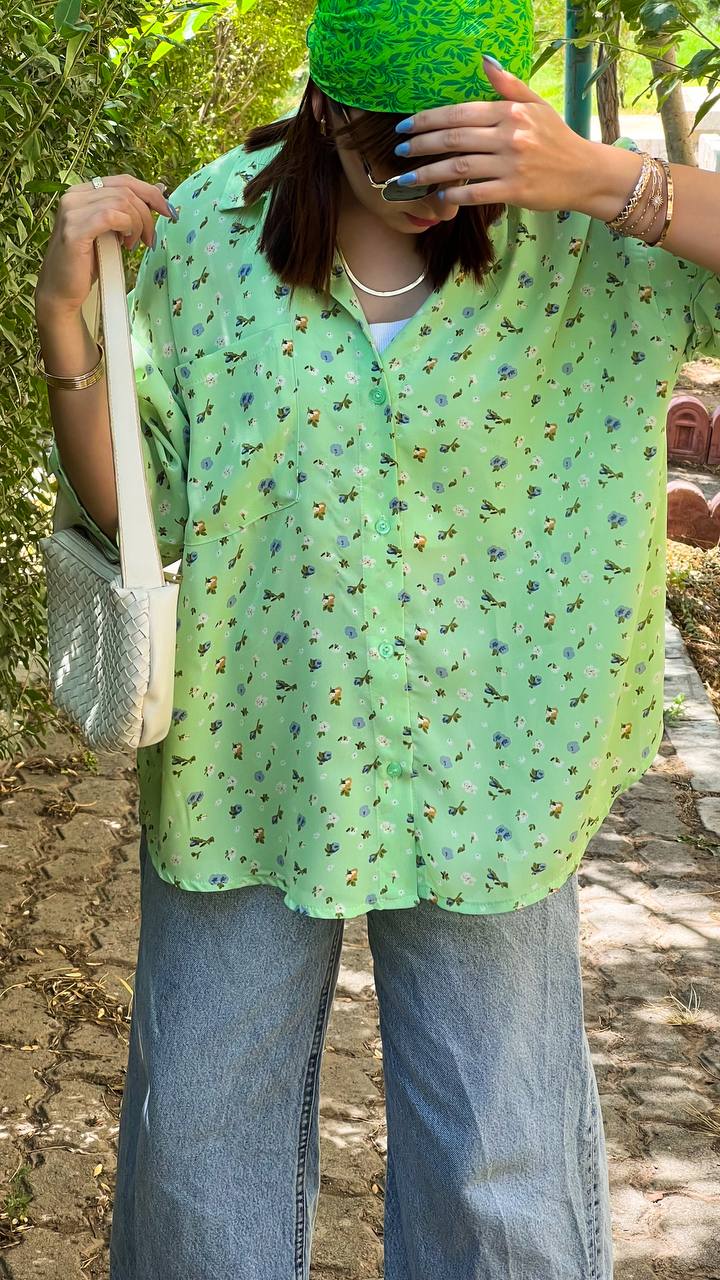 شومیز سبز گل آبی