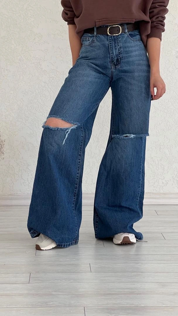 شلوار فول بگ آبی زاپ دار